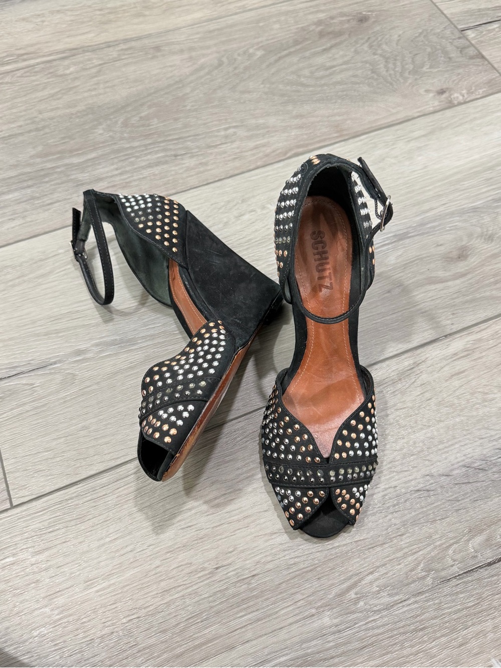 Women’s Schutz Black Suede Beaded Wedge Sandals Size 8 Retails: $215 - Picture 2 of 7